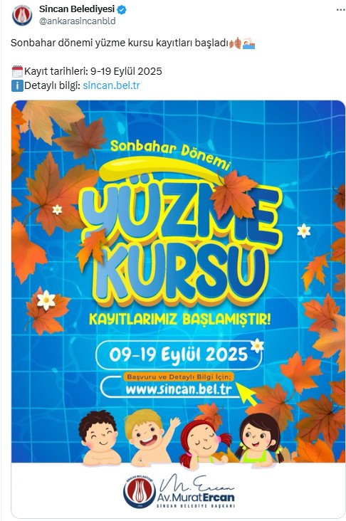 Sincan Belediyesi yüzme kurs kayıtlarının başladığını açıkladı