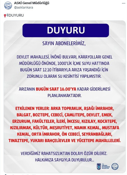 ASKİ'den 3 saatlik su kesintisi duyurusu! Etkilenecek mahalleler açıklandı