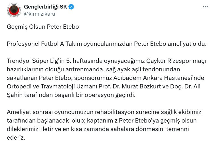 Gençlerbirliği'nde sakatlanan Peter Etobo ameliyat edildi