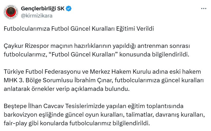 Gençlerbirliği'nde futbolculara güncel futbol kuralları eğitimi verildi