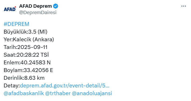 Ankara Kalecik'te 3,8 büyüklüğünde deprem oldu