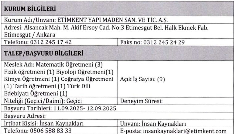 ETİMKENT 9 branş öğretmen alımı yapacağını duyurdu