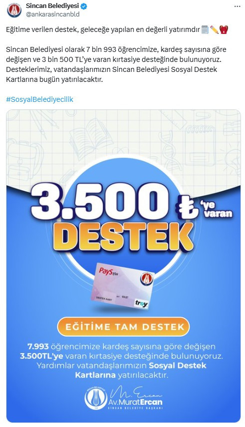 Sincan Belediyesi 7.993 öğrenciye kırtasiye desteği yatıracak!