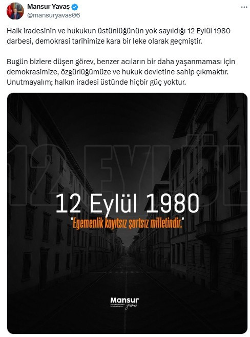 Başkan Yavaş'tan 12 Eylül mesajı: 'Halkın iradesi üstünde hiçbir güç yoktur'
