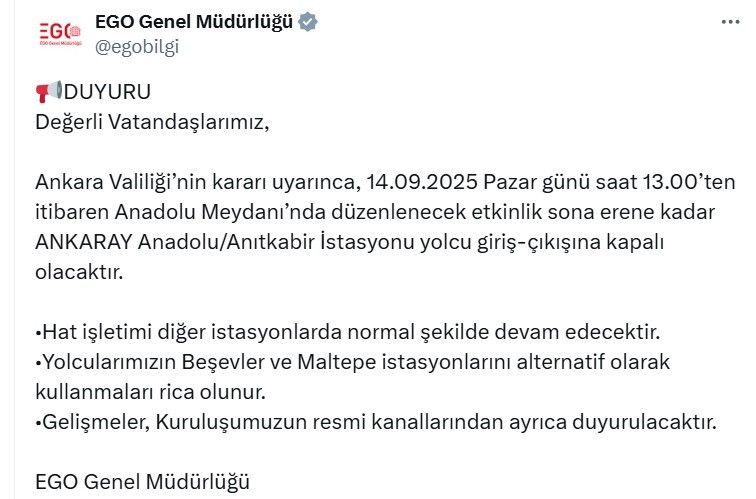 EGO'dan duyuru! Valilik kararıyla Ankaray'da bir istasyon hizmet veremeyecek
