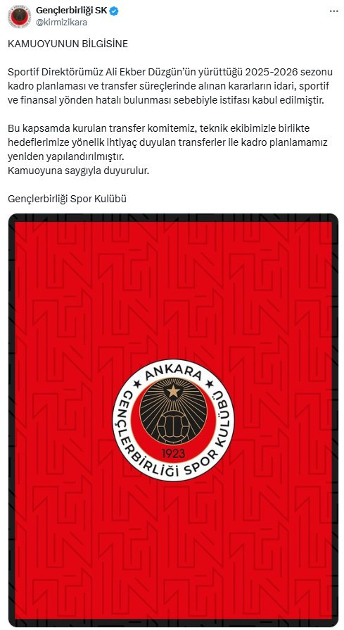 Gençlerbirliği'nde Sportif Direktör Ali Ekber Düzgün'ün istifası kabul edildi