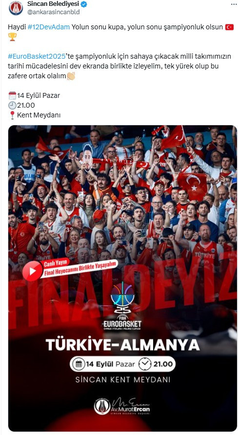 Sincan Belediyesi, 12 Dev Adam'ın final karşılaşması için vatandaşları Kent Meydanı'na davet etti