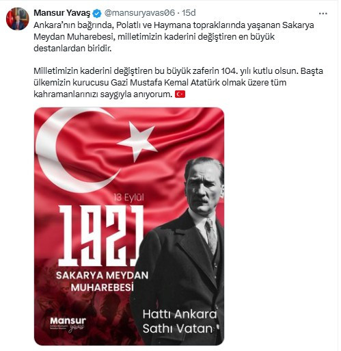 Mansur Yavaş'tan Sakarya Meydan Muharebesi'nin 104. yıl dönümüne özel mesaj