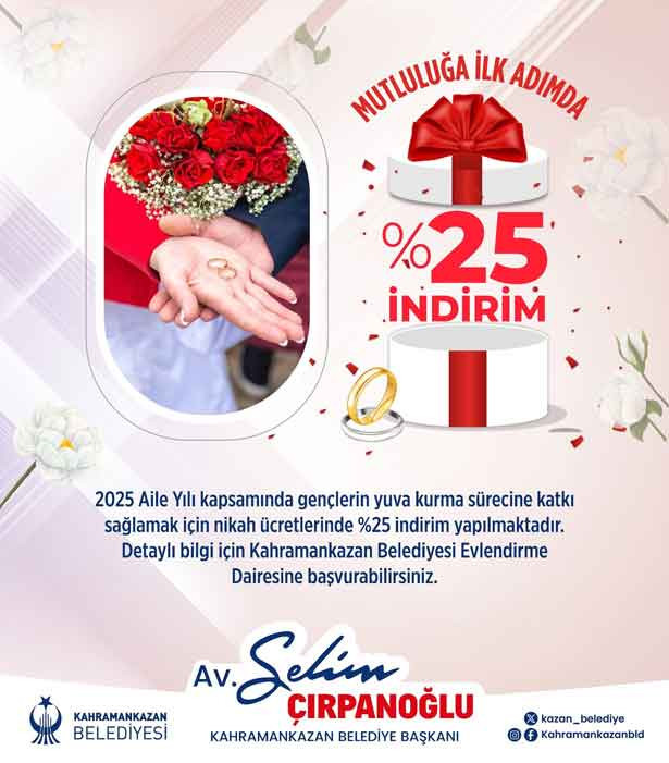 Kahramankazan Belediyesinden nikah ücretlerine yüzde 25 indirim!