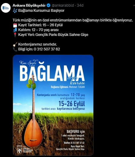 Ankara Büyükşehir Belediyesi'nden bağlama, drama ve tiyatro kursu!