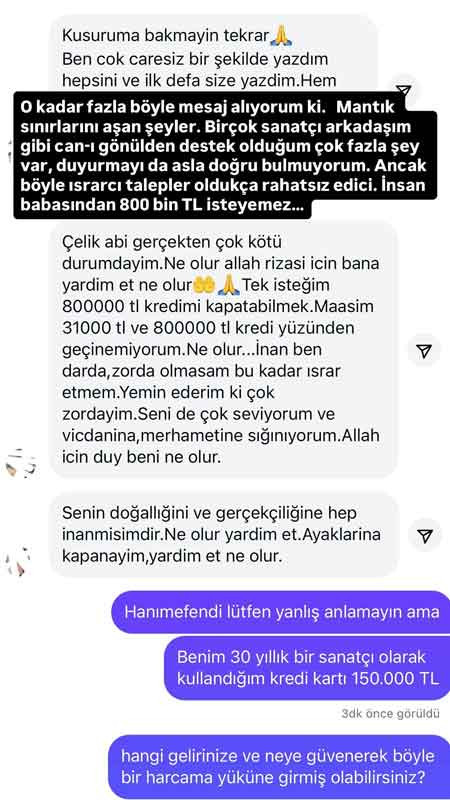 Çelik kendisinden 800 bin TL para isteyen hayranına tepki gösterdi