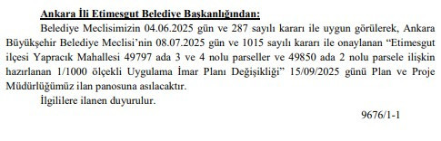 Etimesgut Belediyesi askıya çıkardı: Yeni imar planı değişikliği duyuruldu!