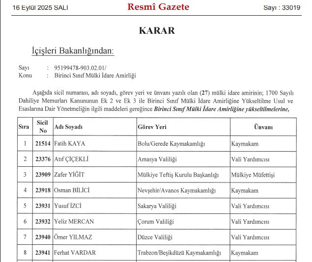 Bazı mülki idare amirleri birinci sınıf mülki idare amirliğine yükseltildiler