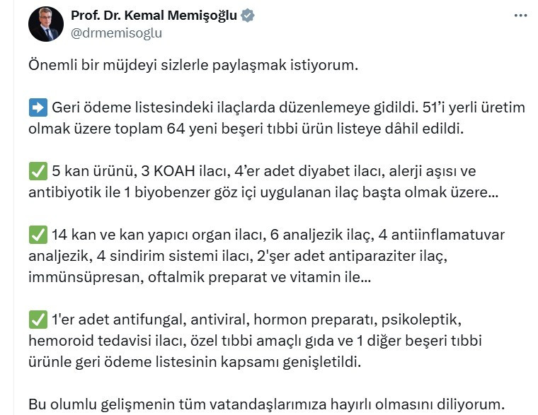 Bakan Kemal Memişoğlu 64 ilacın daha geri ödeme listesine alındığını duyurdu