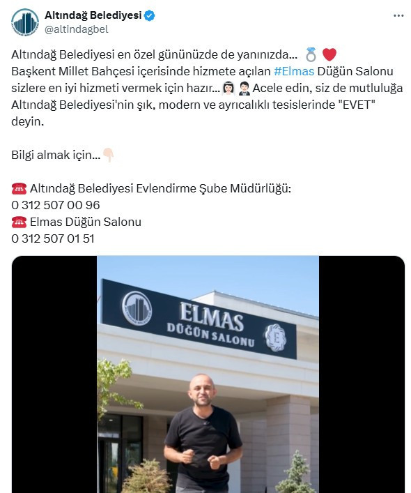 Altındağ Belediyesi duyurdu: Elmas Düğün Salonu hizmetinizde!
