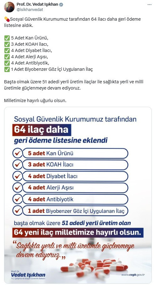 Bakan Işıkhan, 64 ilacın daha geri ödeme listesine eklendiğini açıkladı