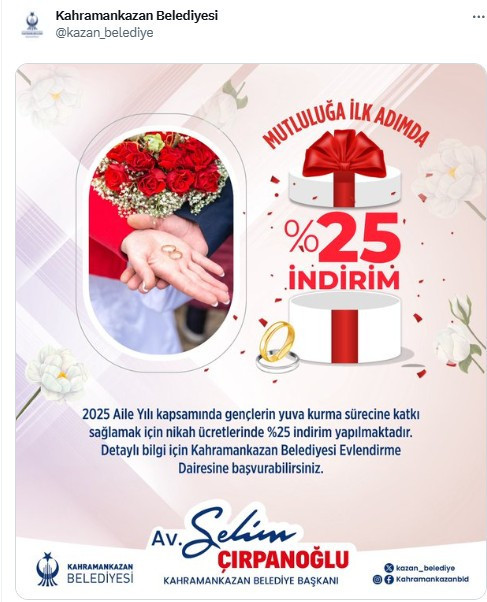 Kahramankazan Belediyesi'nden nikah ücretlerine ilişkin yazılı açıklama geldi