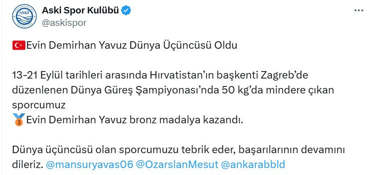 ASKİ Spor'dan Evin Demirhan Yavuz güreşte dünya üçüncüsü oldu