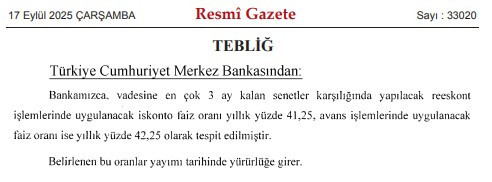 Merkez Bankası'ndan yeni faiz kararı: Resmi Gazete'de yayımlandı!