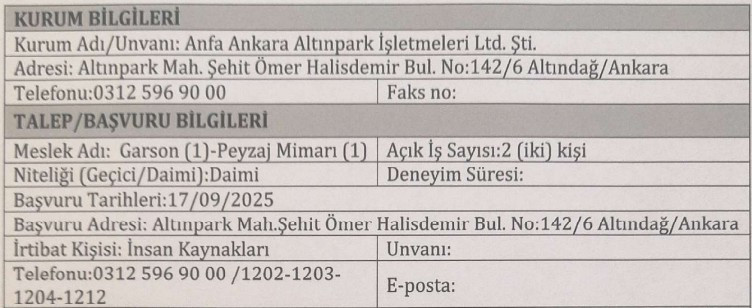 Anfa Ankara Altınpark İşletmeleri sınavsız personel alıyor