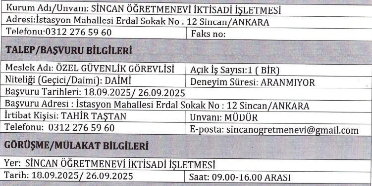 Sincan'da öğretmenevine güvenlik görevlisi alınacak