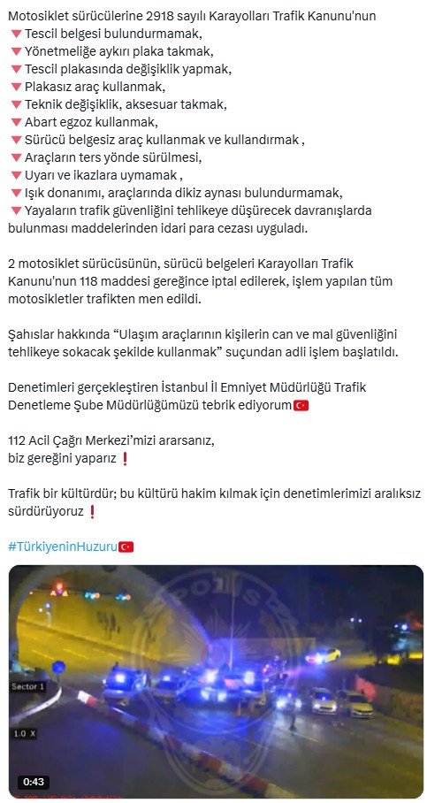 Bakan Yerlikaya: 'Trafiği tehlikeye atan 17 motosiklet sürücüsü yakalandı'