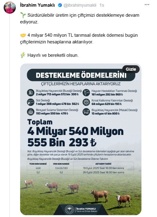 Bakan Yumaklı, çiftçilere 4,5 milyar TL'lik destekleme ödemesinin yapılacağını açıkladı
