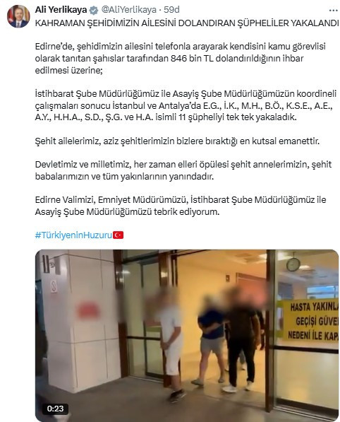 Bakan Yerlikaya: 'Şehidimizin ailesini dolandıran 11 şüpheli yakalandı'