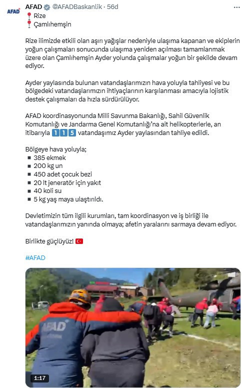 Ayder Yaylası'nda yoğun yağış sebebi ile mahsur kalan 115 kişi helikopterle kurtarıldı