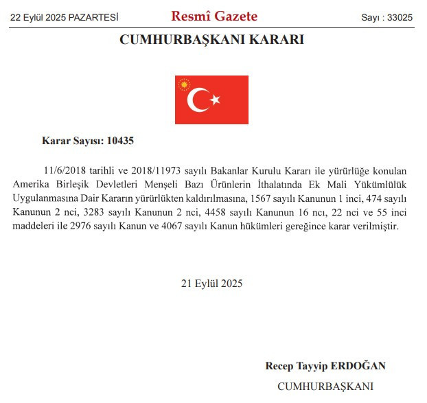 ABD menşeli bazı ürünlerin ithalatına uygulanan ek mali yükümlülük kaldırıldı