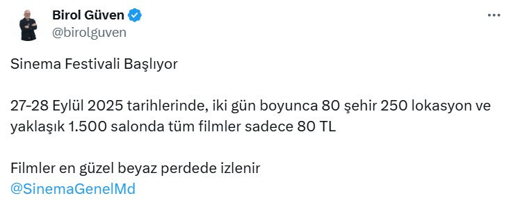 Sinema Festivali'nde 80 ilde bilet fiyatları 80 TL olacak