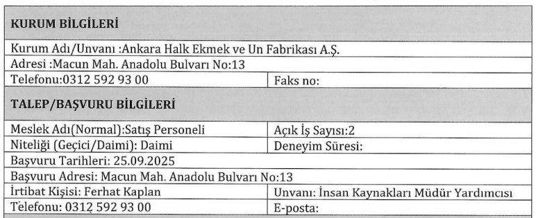 Ankara Halk Ekmek 18-45 yaş arası daimi satış personeli alacak