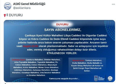 ASKİ'den Mamak ve Çankaya için su kesintisi duyurusu! Etkilenecek mahalleler açıklandı
