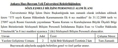 Ankara Hacı Bayram Veli Üniversitesi sözleşmeli personel alım ilanı yayımladı