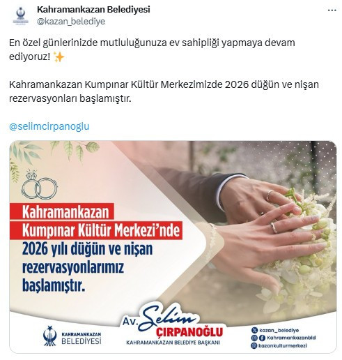Kahramankazan Kumpınar Kültür Merkezi'nde 2026 düğün-nişan rezervasyonlarının başladı