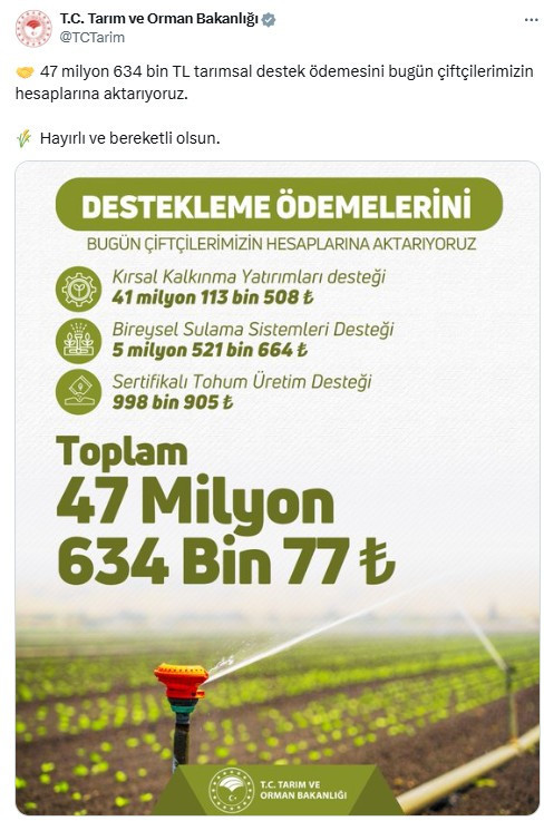 Çiftçilere 47 milyon TL'den fazla tarımsal destekleme ödemesi yatırılacak