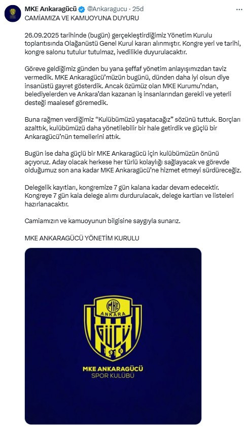 MKE Ankaragücü yönetimi Olağanüstü Genel Kurul kararı aldı!