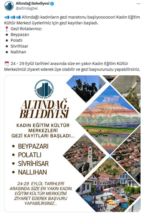 Altındağ Belediyesi Kadın Eğitim Kültür Merkezi gezi kayıtları başladı