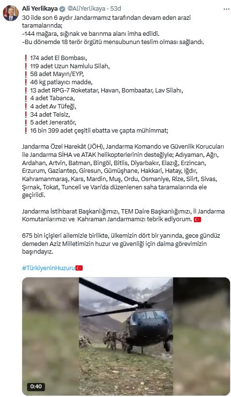 Bakan Yerlikaya: 'Son 6 ayda 144 mağara ve barınma alanı imha edildi'