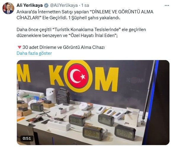 Bakan Yerlikaya duyurdu: Ankara'da özel hayatı ihlal eden dinleme ve görüntü alma cihazları ele geçirildi