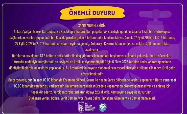ASKİ'den Ankara'da su kesintileri hakkında yeni duyuru