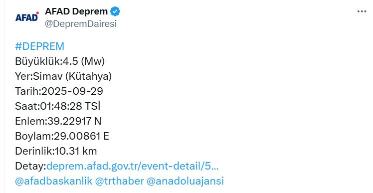 Kütahya Simav'da 4,5 büyüklüğünde bir deprem daha oldu