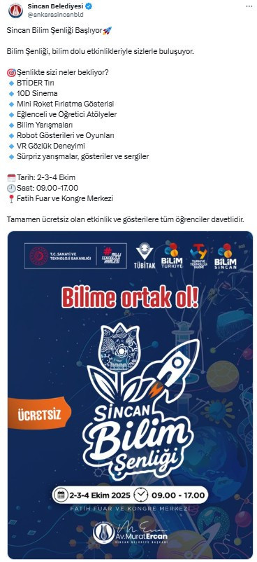 Sincan Bilim Şenliği 2-3-4 Ekim'de düzenlenecek!
