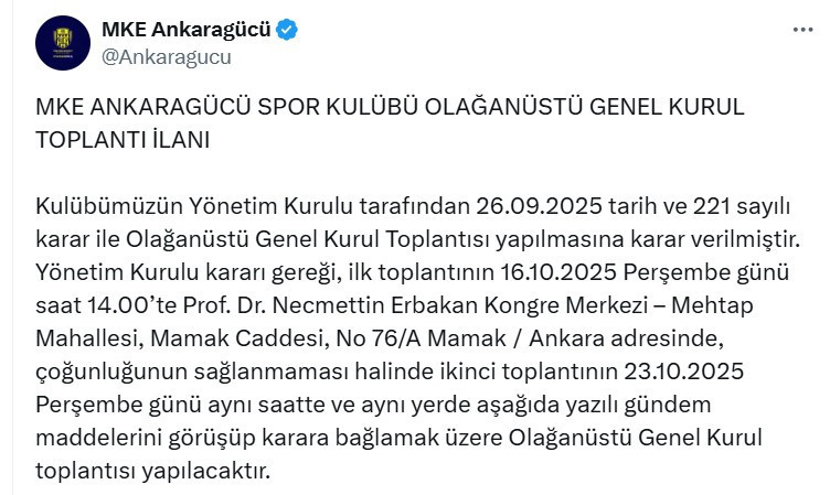 Ankaragücü'nde Genel Kurul tarihi belli oldu