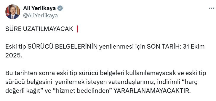 Bakan Ali Yerlikaya: Süre uzatılmayacak, son tarih 31 Ekim!