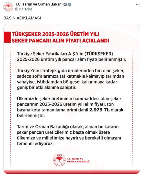 Şeker pancarının alım fiyatı ton başına 2 bin 975 TL oldu