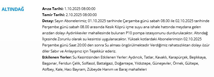 Mamak, Altındağ, Çankaya, Etimesgut, Keçiören su kesintisi! Sular ne zaman gelecek?