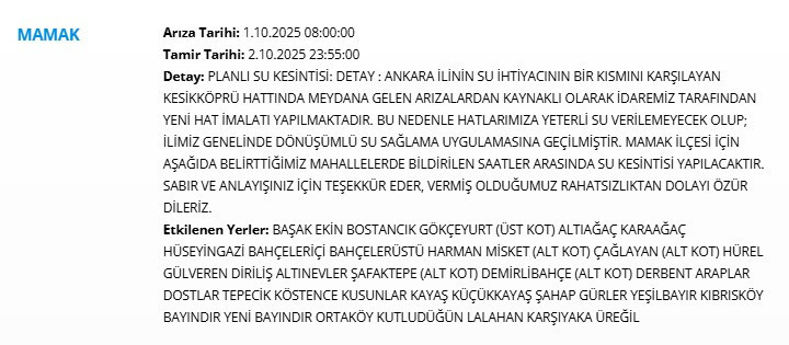 Mamak, Altındağ, Çankaya, Etimesgut, Keçiören su kesintisi! Sular ne zaman gelecek? - Resim : 2