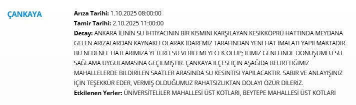 Mamak, Altındağ, Çankaya, Etimesgut, Keçiören su kesintisi! Sular ne zaman gelecek? - Resim : 3