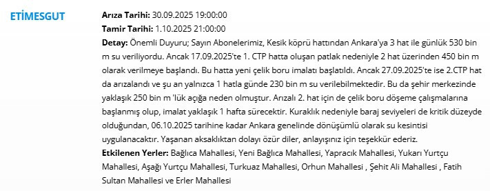 Mamak, Altındağ, Çankaya, Etimesgut, Keçiören su kesintisi! Sular ne zaman gelecek? - Resim : 4